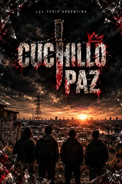 Afiche de Cuchillo Paz: cuatro jóvenes de espaldas, en una loma, miran el conurbano al atardecer.